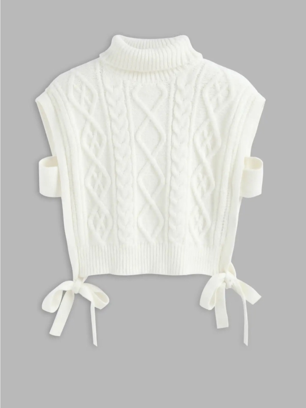 Cream / White Cable-Knit Tie-Side Sleeveless Turtleneck Vest